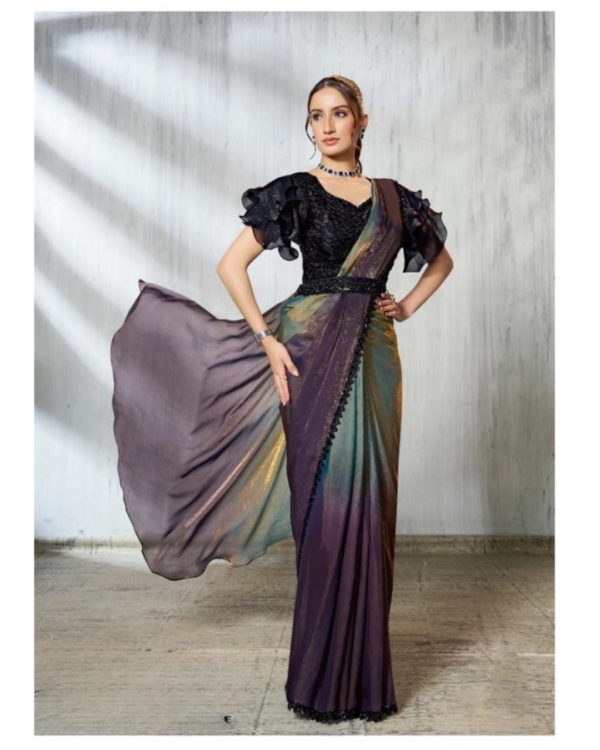 Ash Grey & Black Two-Tone Satin Ready-to-Wear Designer Saree with Heavy Work Blouse & Frilled Sleeves ✨