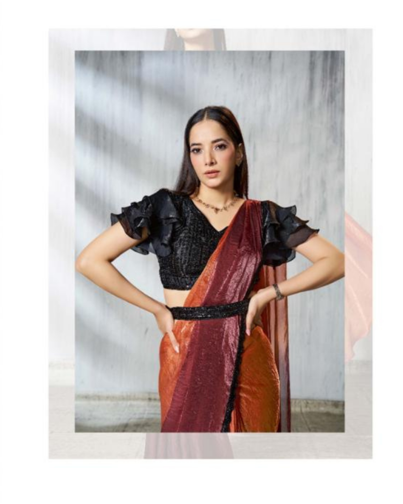 Two-Tone Orange & Black Satin Ready-to-Wear Designer Saree with Heavy Work Blouse