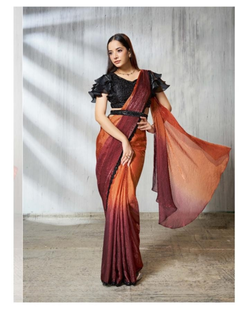 Two-Tone Orange & Black Satin Ready-to-Wear Designer Saree with Heavy Work Blouse