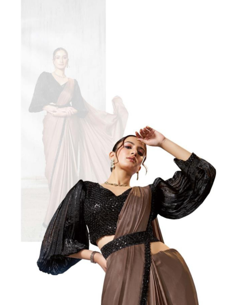 Champagne Satin Silk Ready-to-Wear Saree with Black Blouse