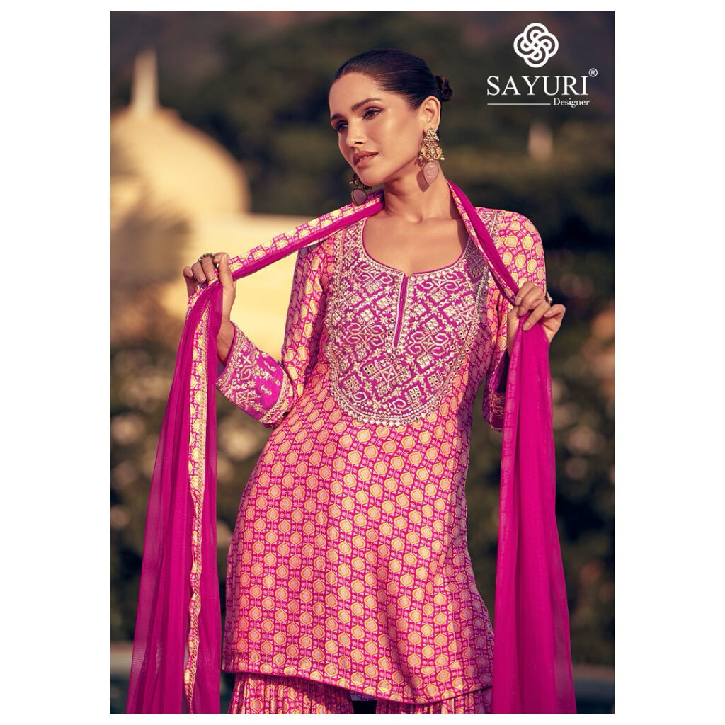 Chinon Silk Gharara with Digital Print & Real Mirror Heavy Threadwork