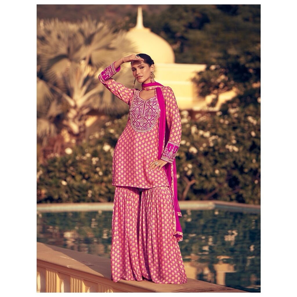 Chinon Silk Gharara with Digital Print & Real Mirror Heavy Threadwork