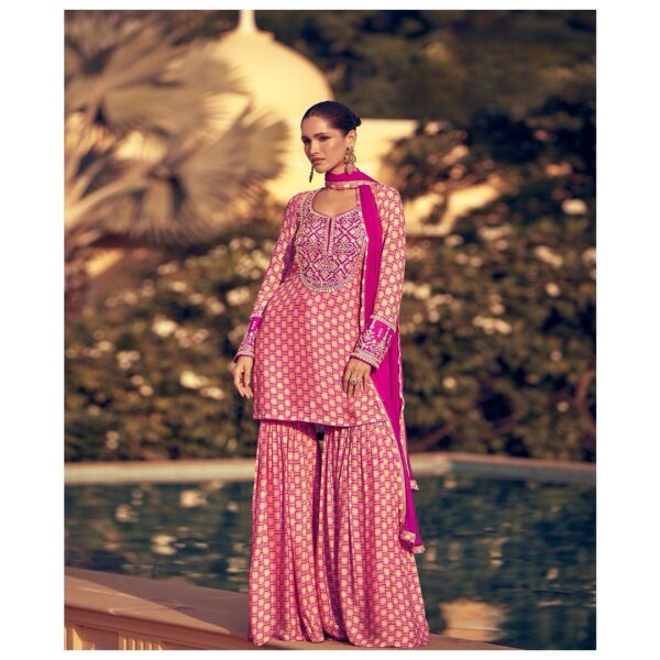 Chinon Silk Gharara with Digital Print & Real Mirror Heavy Threadwork
