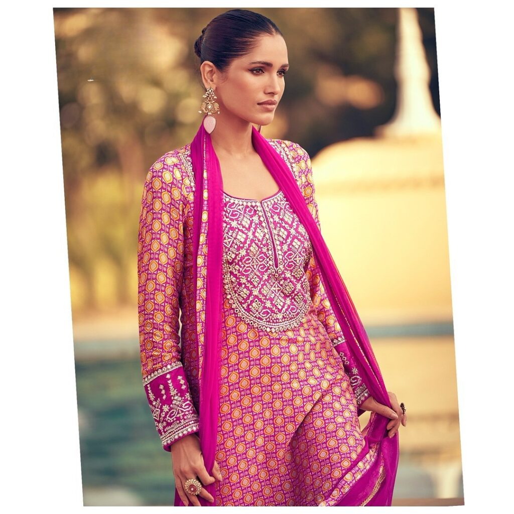Chinon Silk Gharara with Digital Print & Real Mirror Heavy Threadwork