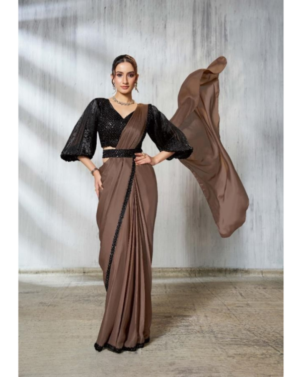 Champagne Satin Silk Ready-to-Wear Saree with Black Blouse