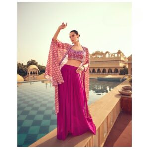 Chinon Silk Indo-Western Set with Crop Top, Palazzo & Cape