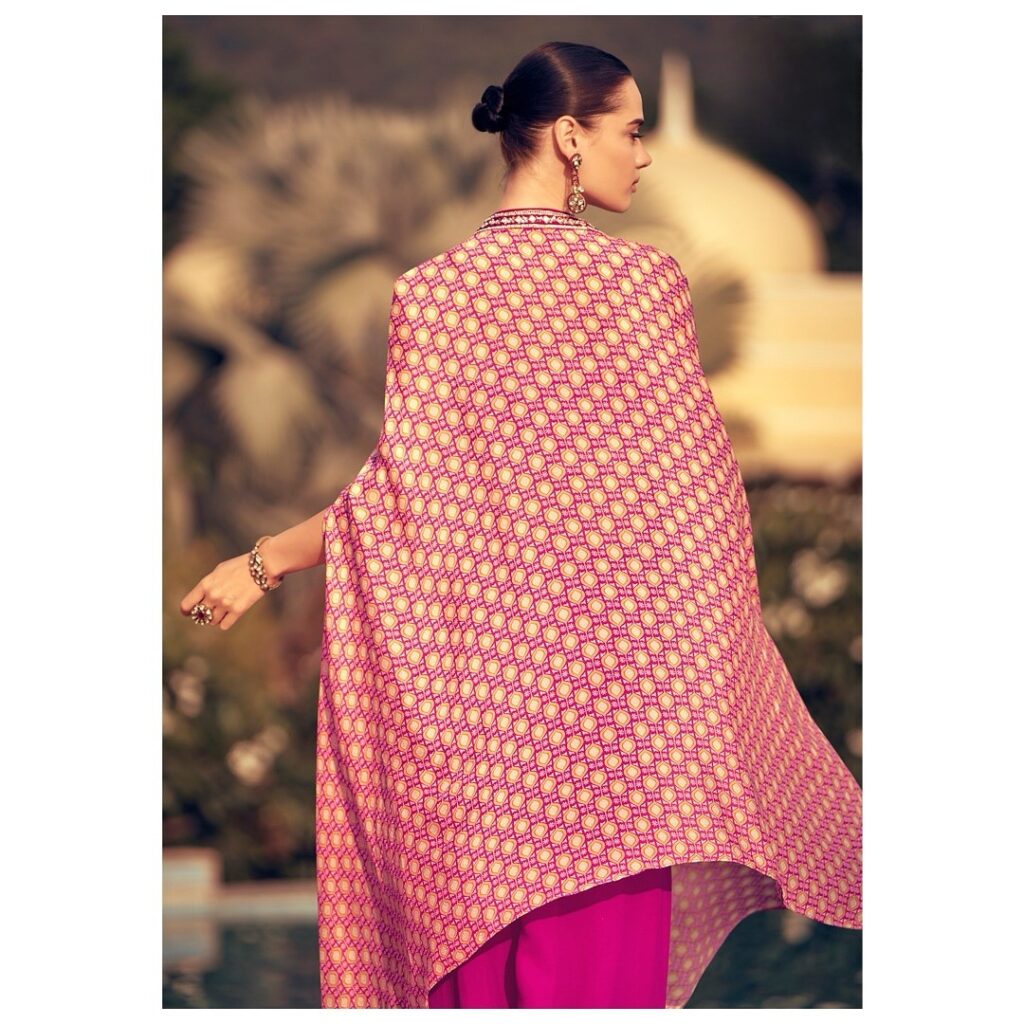 Chinon Silk Indo-Western Set with Crop Top, Palazzo & Cape