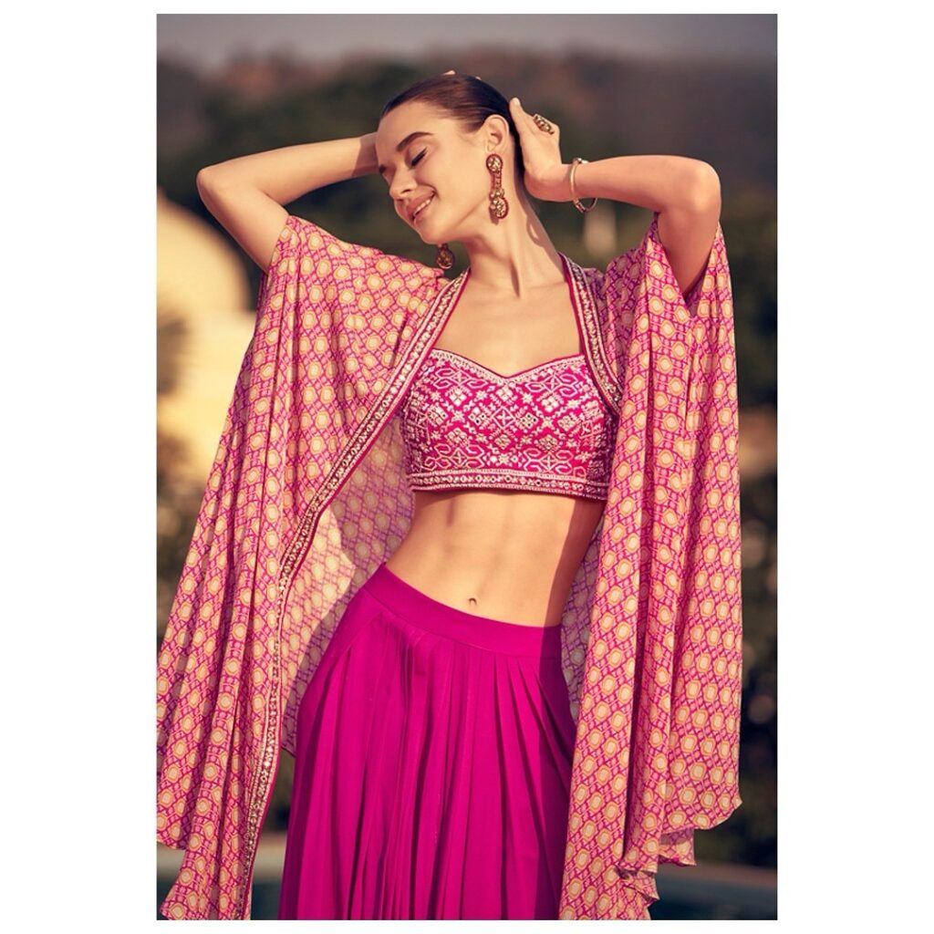 Chinon Silk Indo-Western Set with Crop Top, Palazzo & Cape
