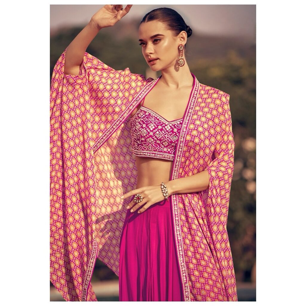 Chinon Silk Indo-Western Set with Crop Top, Palazzo & Cape