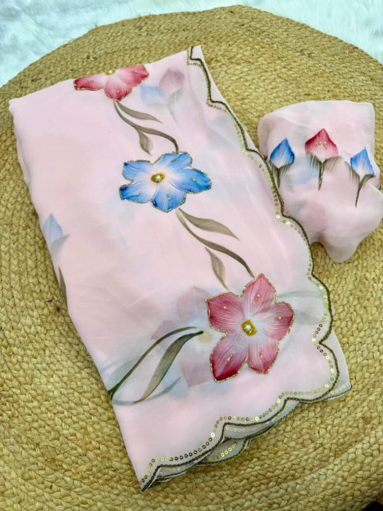Pure weightless Georgette Saree in Pastel pink