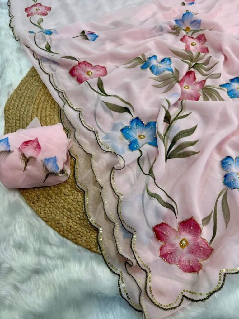 Pure weightless Georgette Saree in Pastel pink