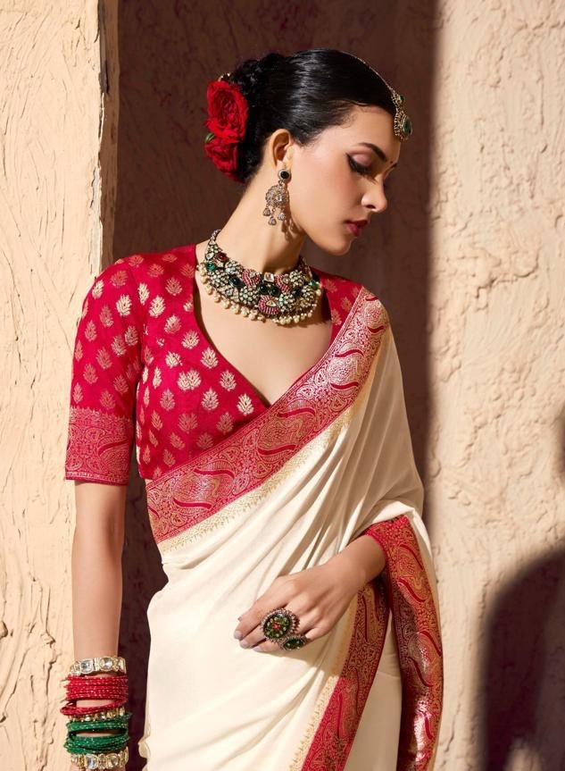 Premium White & Red Crepe Georgette Saree