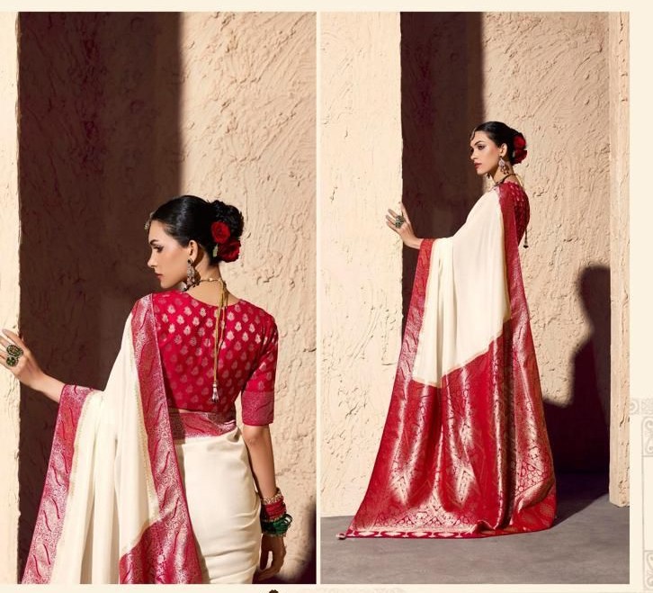 Premium White & Red Crepe Georgette Saree