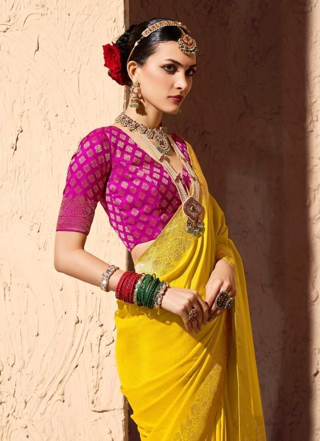 Premium Yellow & Pink Crepe Georgette Saree