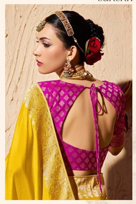 Premium Yellow & Pink Crepe Georgette Saree