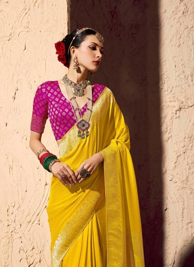 Premium Yellow & Pink Crepe Georgette Saree