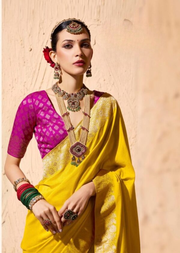 Premium Yellow & Pink Crepe Georgette Saree