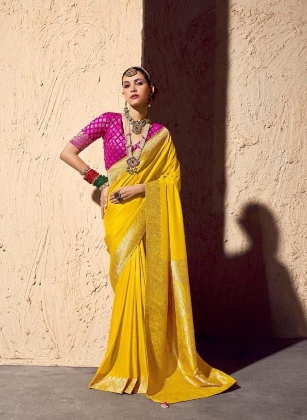 Premium Yellow & Pink Crepe Georgette Saree