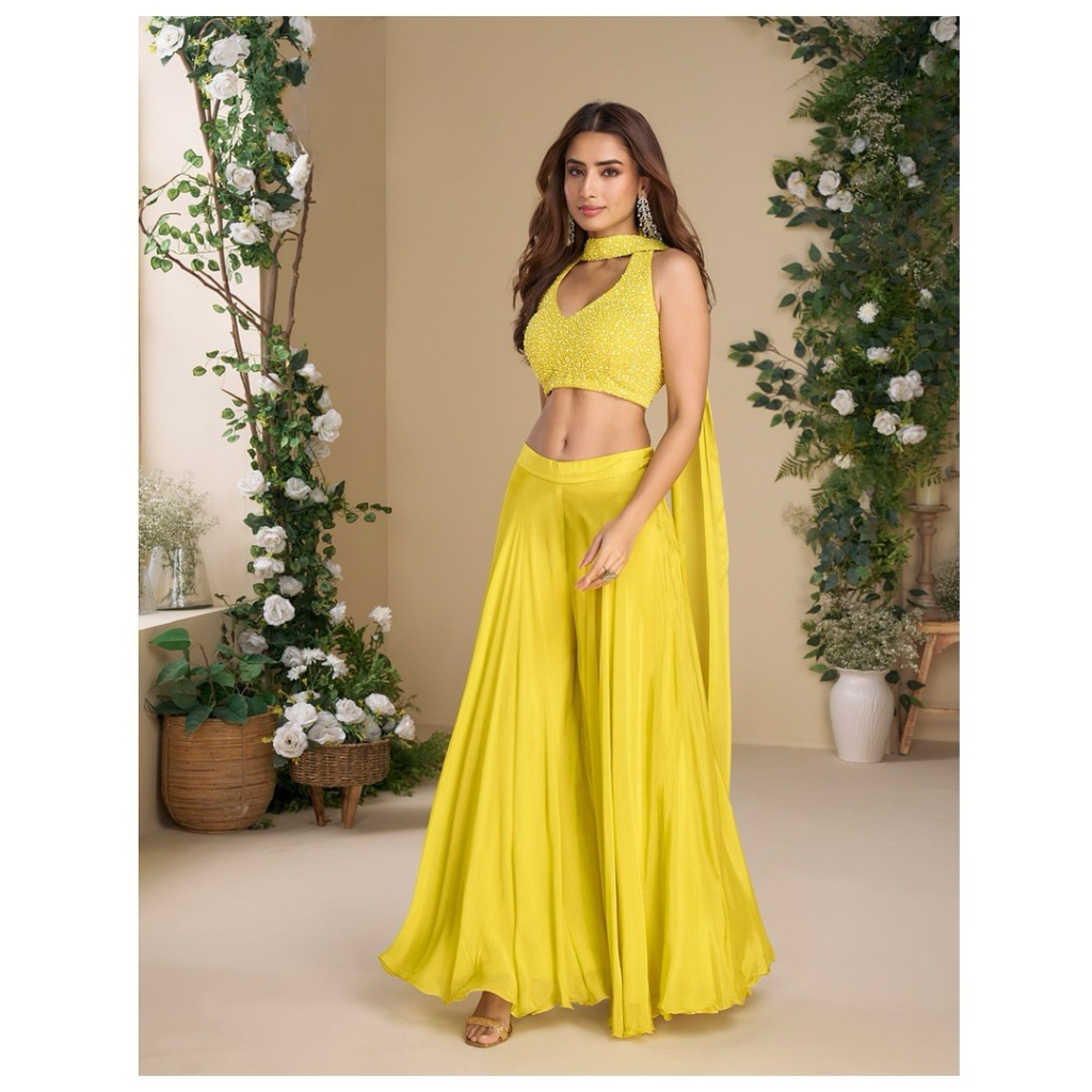 Lemon Sorbet Embroidered Chinon Indo-Western Set