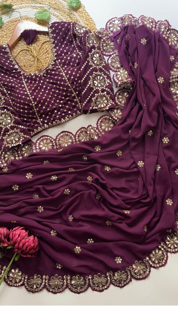 Dark Purple Ready-to-Wear Georgette Saree with Mirror Work