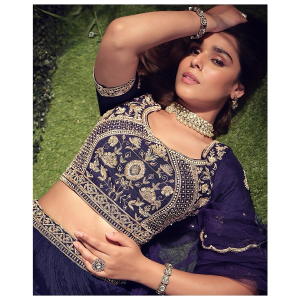 Royal Dark Violet Chinon Silk Lehenga Set