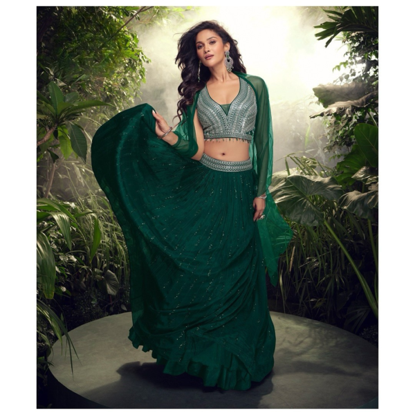 Bottle Green Chinon Silk Designer sleeveless Lehenga Choli