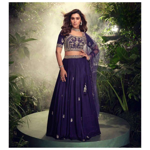 Royal Dark Violet Chinon Silk Lehenga Set