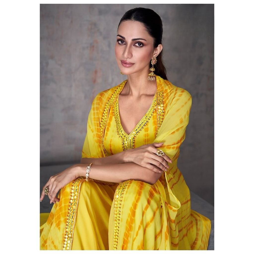 Sunlit Yellow Tie-Dye Indo-Western Set with Gota & Mirror Work