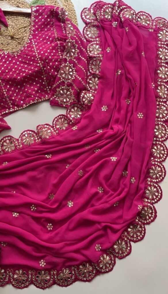 Rani Pink Ready-to-Wear Georgette Saree with Mirror Work
