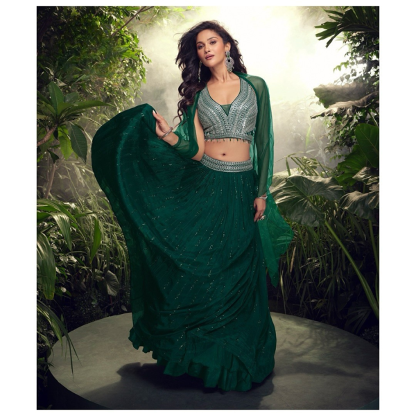 Bottle Green Chinon Silk Designer sleeveless Lehenga Choli