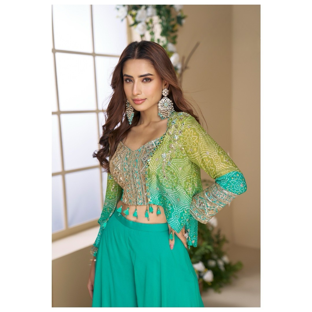 Turquoise Bandhani Indo-Western Set