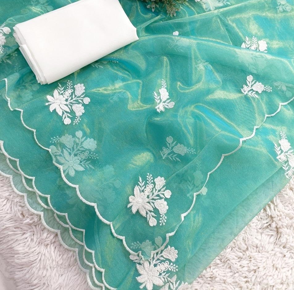 Turquoise Blue Ready-to-Wear Saree in net silk with White Embroidery