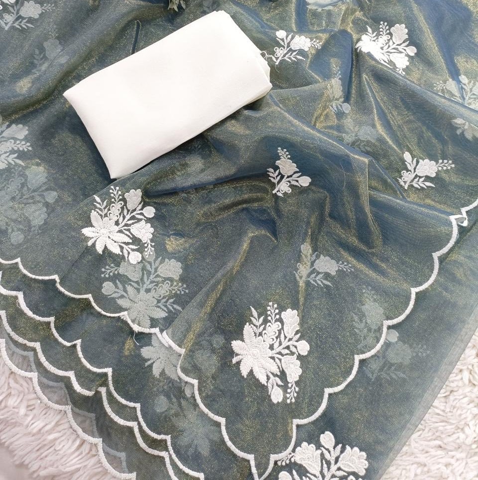 Ash Grey Ready-to-Wear Saree in Net silk with White Embroidery