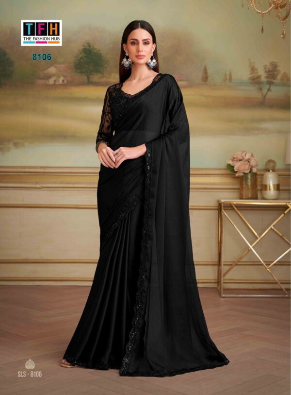 Black Satin Silk Ready-to-Wear Saree with Beaded Blouse