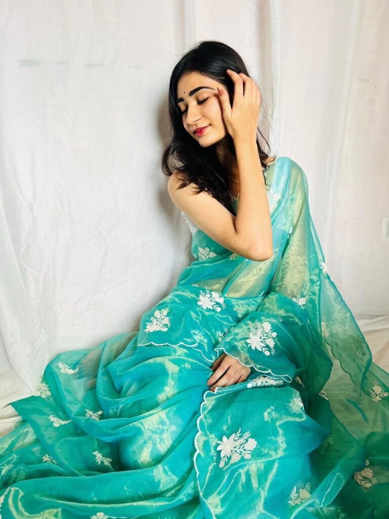 Turquoise Blue Ready-to-Wear Saree in net silk with White Embroidery