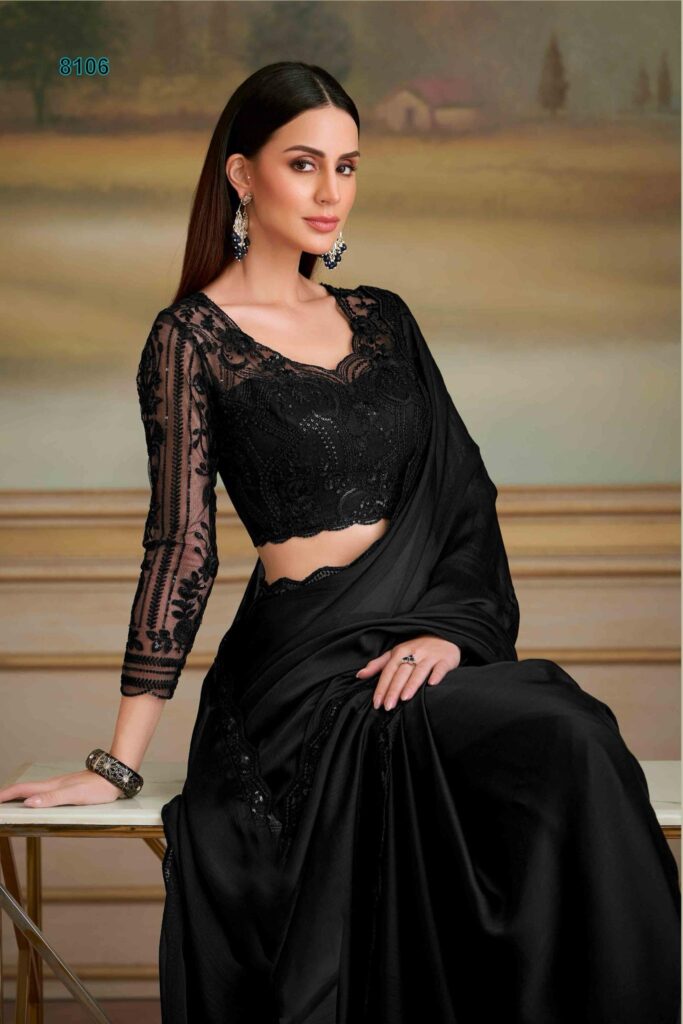 Black Satin Silk Ready-to-Wear Saree with Beaded Blouse