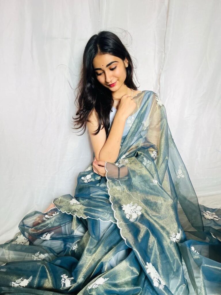 Ash Grey Ready-to-Wear Saree in Net silk with White Embroidery