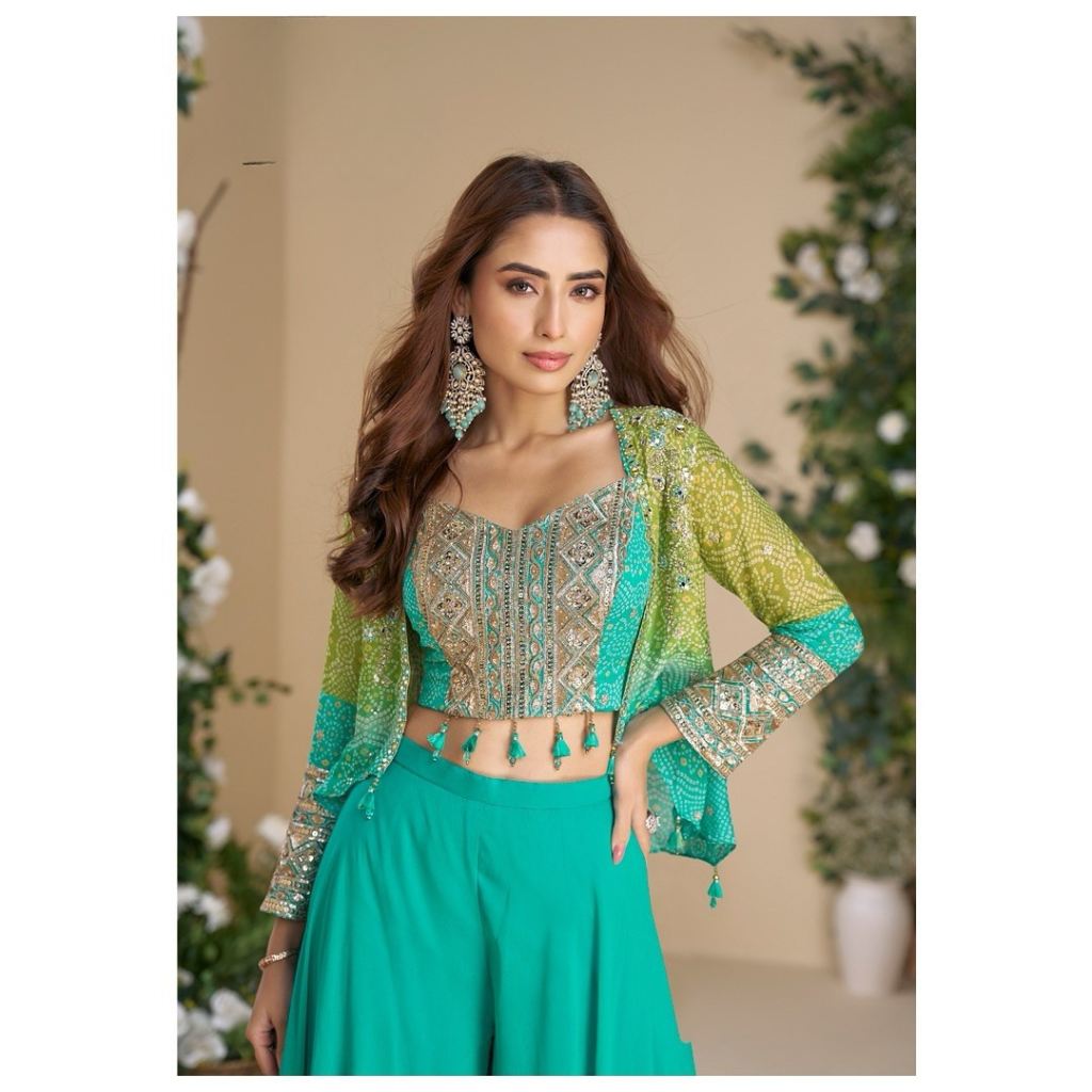 Turquoise Bandhani Indo-Western Set