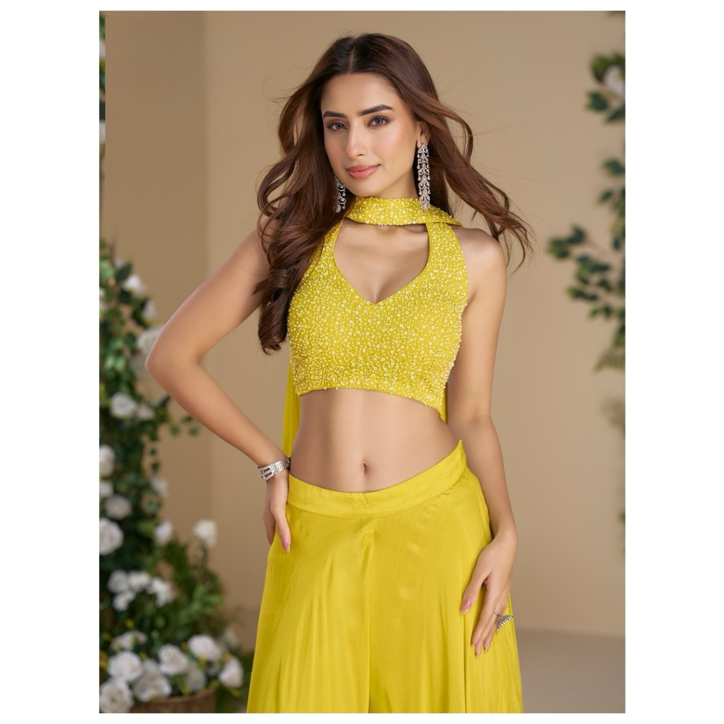 Lemon Sorbet Embroidered Chinon Indo-Western Set