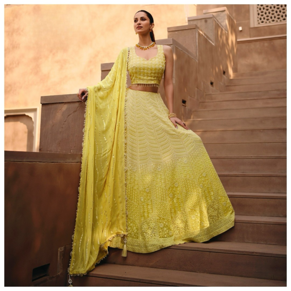 Yellow Ombre Chinon Silk Readymade Lehenga Set