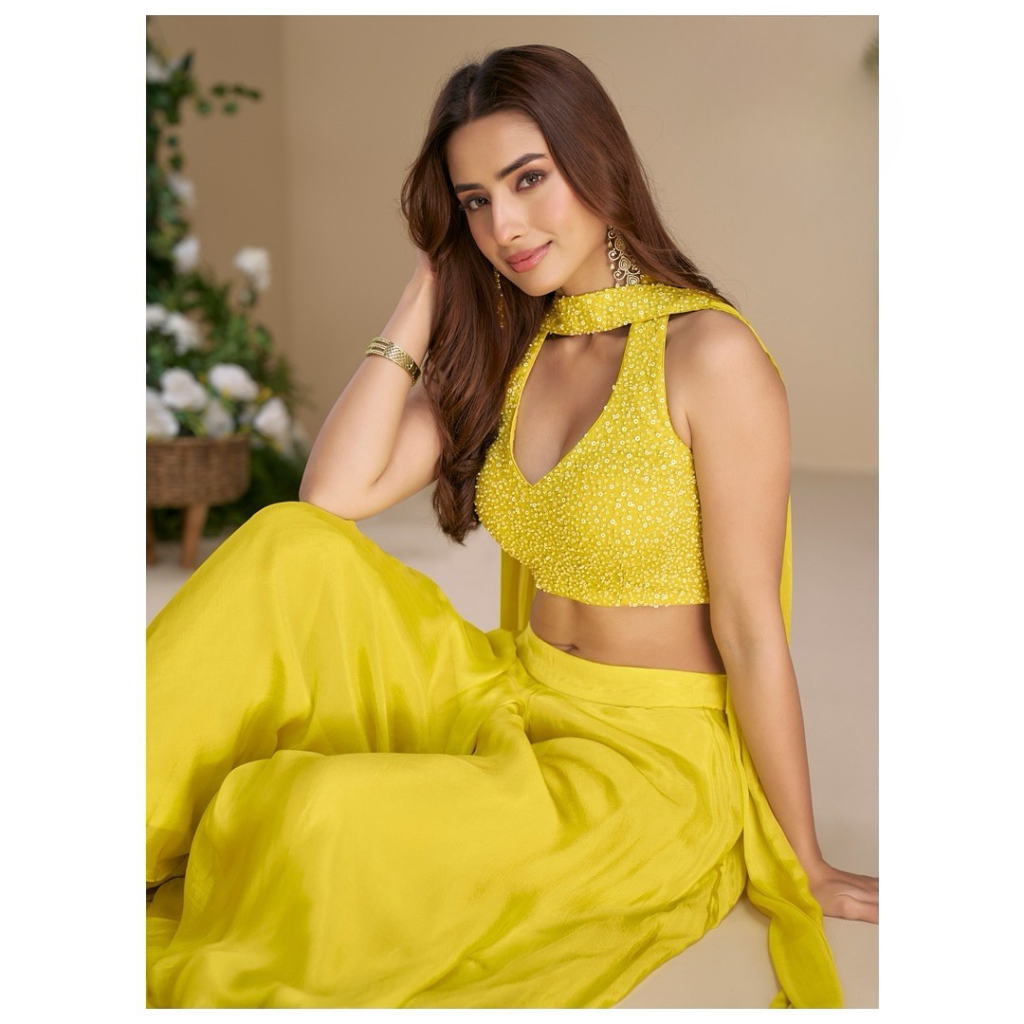 Lemon Sorbet Embroidered Chinon Indo-Western Set