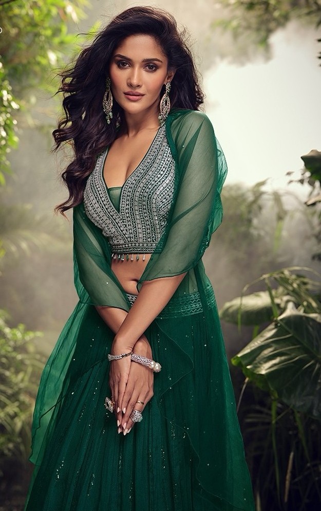 Bottle Green Chinon Silk Designer sleeveless Lehenga Choli