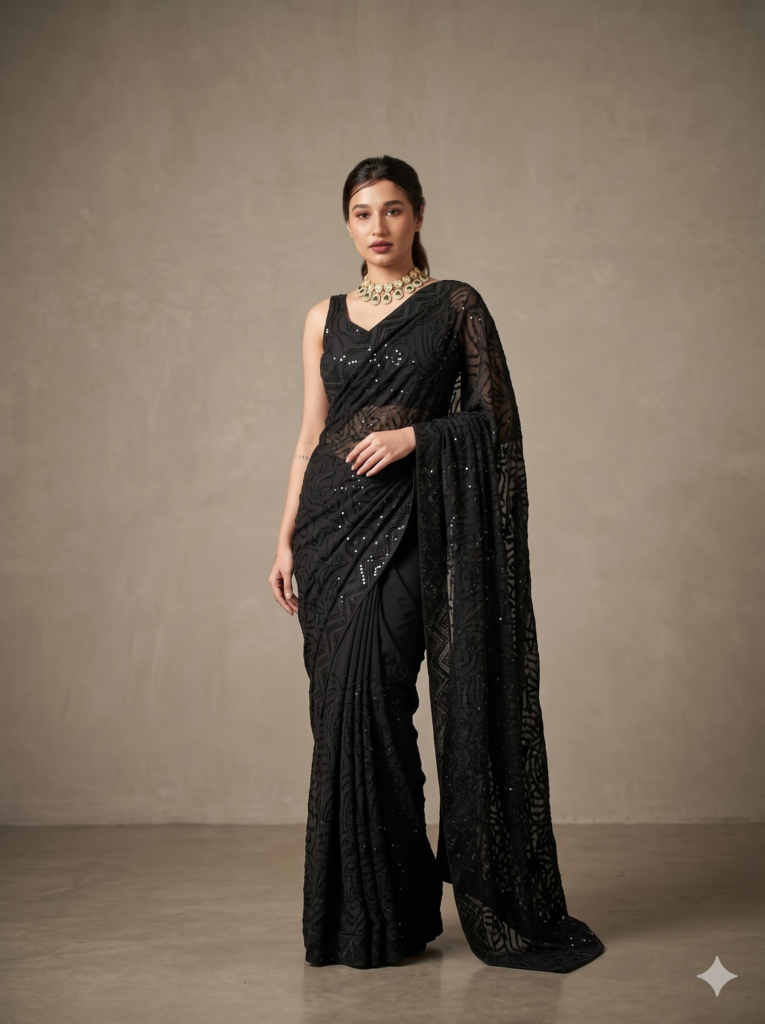 Black Georgette Ready-to-Wear Saree with Sequin Work