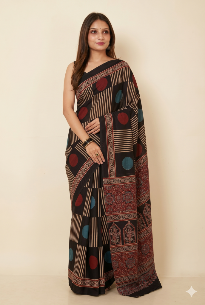 Black Modal Silk Saree | Modern Ajrakh Print