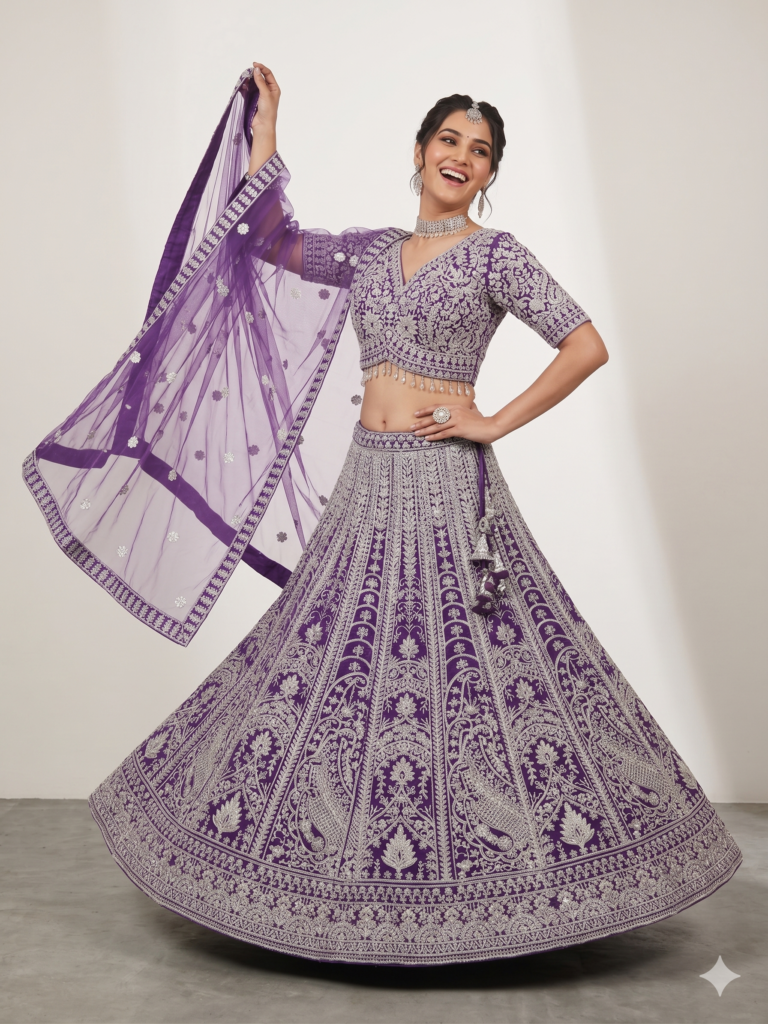 Heavy Purple Net Lehenga with Extensive Embroidery & Mirror Work