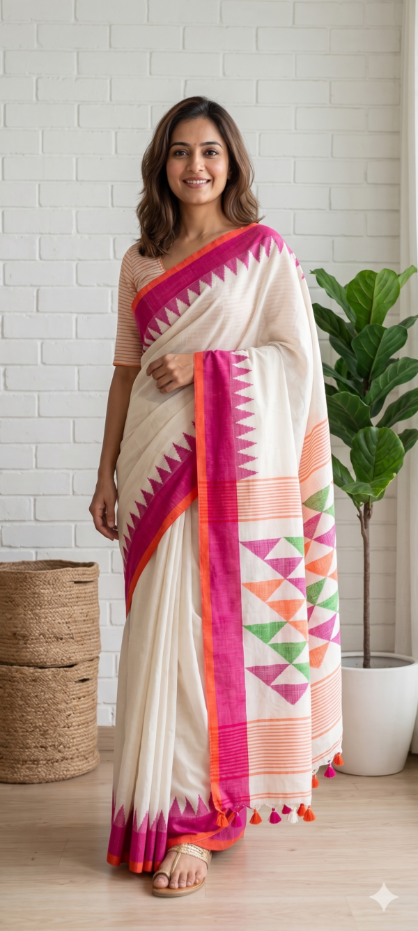 Off-White Pure Linen Saree | Multicolour Temple Woven Border