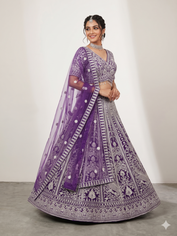 Heavy Purple Net Lehenga with Extensive Embroidery & Mirror Work