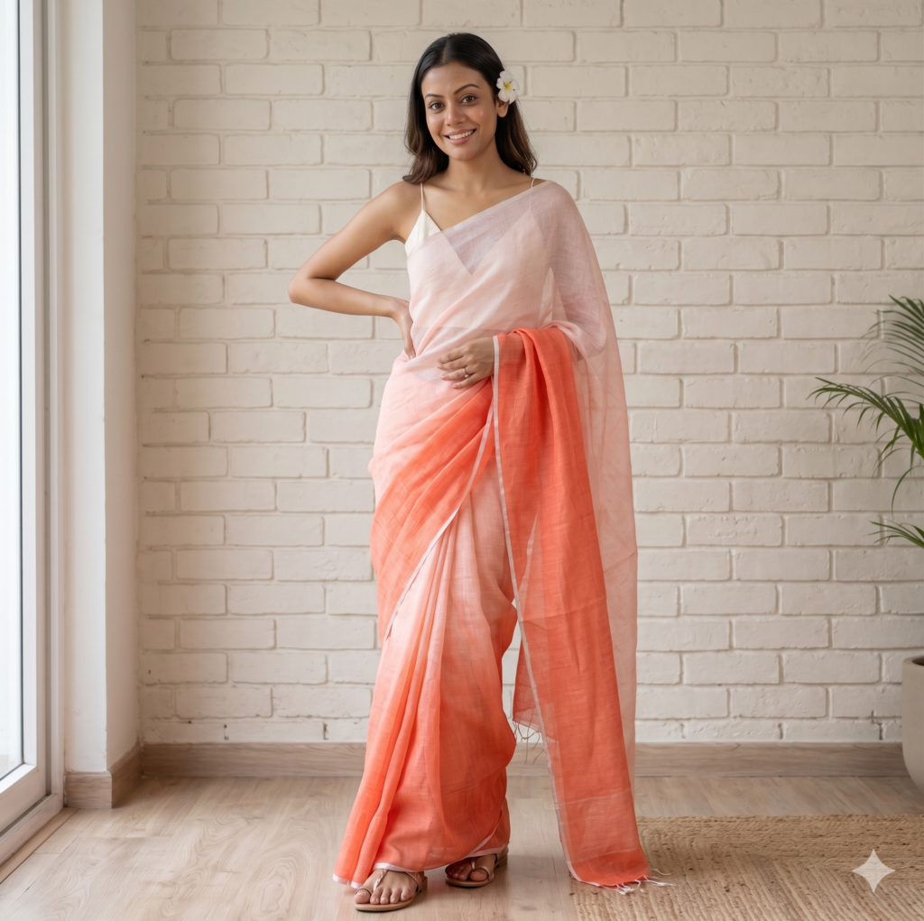 Peach Off-White Dual Tone Pure Linen Saree
