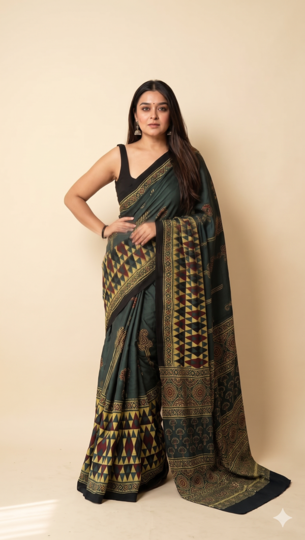 Blue Ajrakh Modal Silk Saree