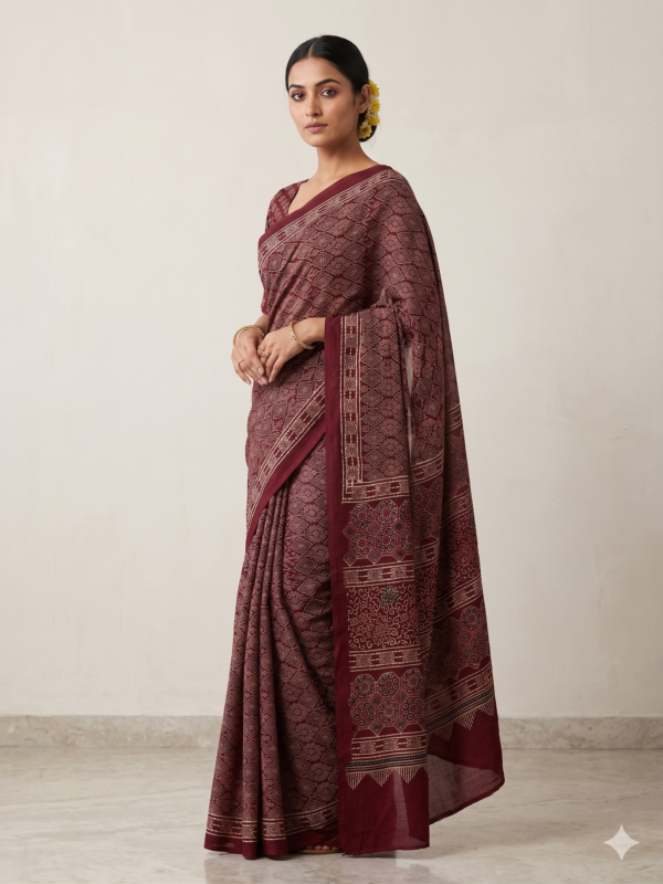 Maroon Ajrakh Print Modal Silk Saree